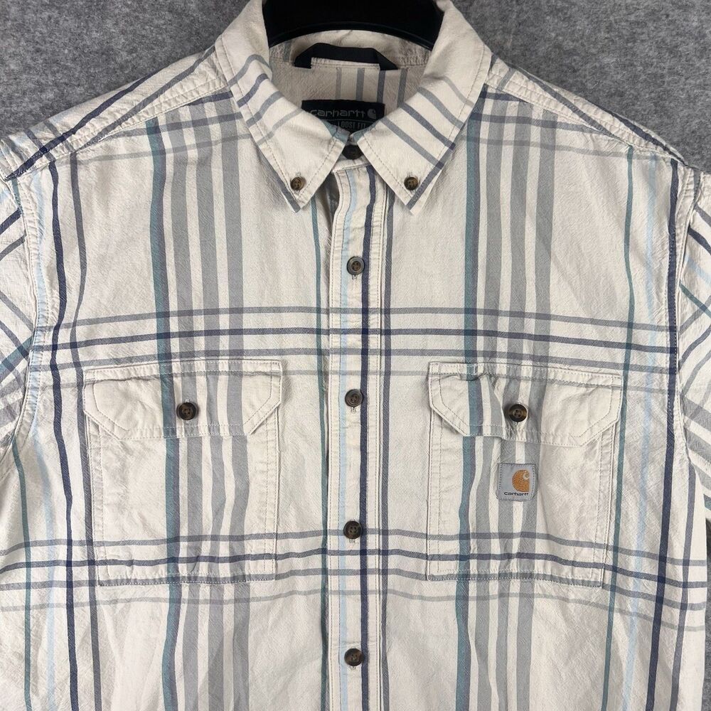 Carhartt Men's Loose Fit Midweight Plaid Shirt Size L Malt, Blue, Green Colorway
